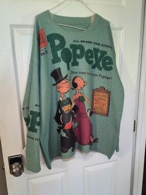 Super Cute Popeye Graphic Light Teal Sweater with Cartoon Print